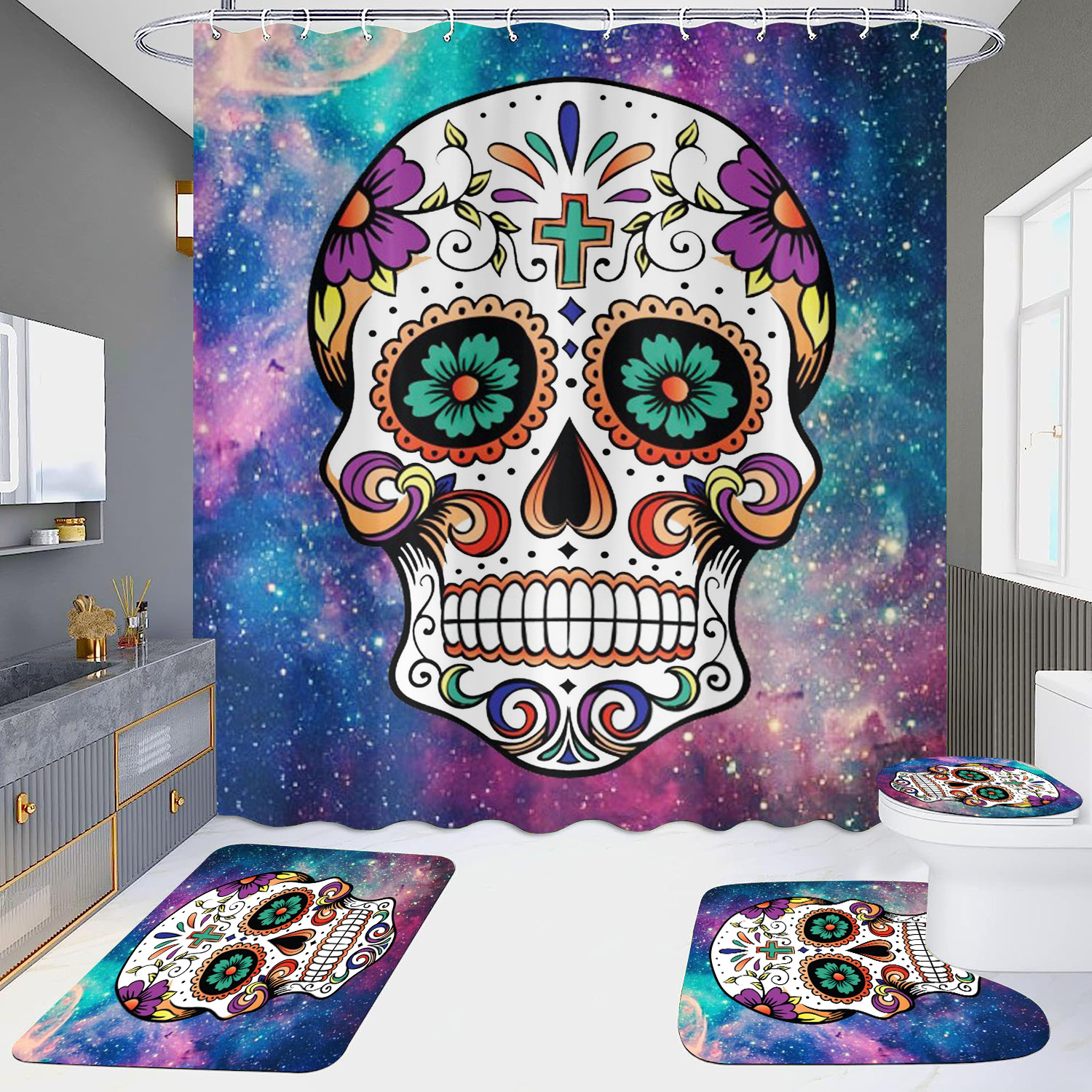 Cortina de ducha de suministro directo transfronterizo conjunto de cuatro piezas hd impermeable sin perforaciones baño hotel baño partición cortina wansheng cráneo