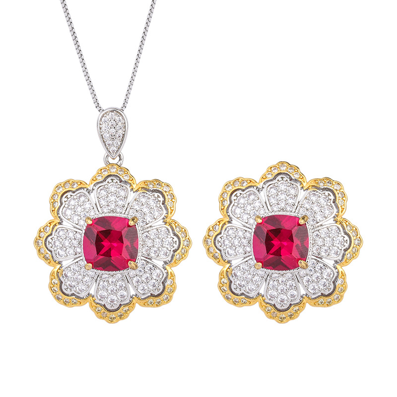 Zhuang Sheng joyería fondo de cobre chapado en oro simulación color tesoro rojo corindón en forma de flor creativa completa diamante traje de las mujeres 10*10