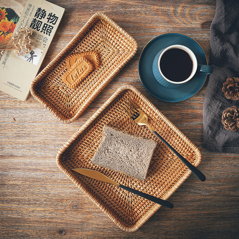 Bandeja casera de ratán, mesa de comedor, taza de té, taza de agua, bandeja de té de almacenamiento, sala de estar grande, bandeja de pastelería rectangular, plato de frutas para bocadillos