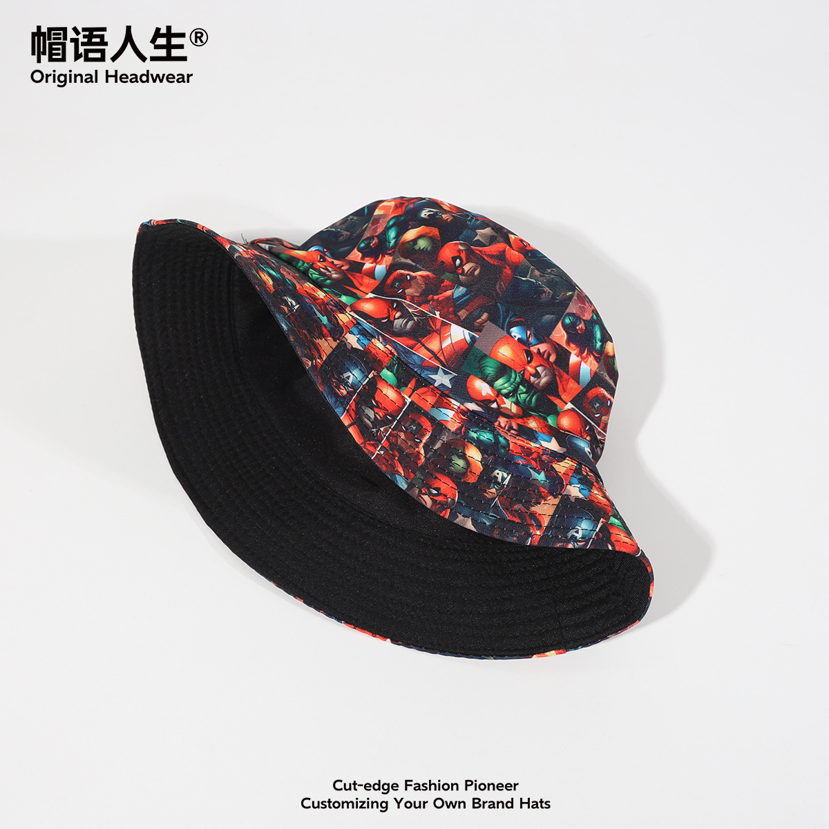 Sombrero de pescador adulto en stock de Europa y América serie de héroes impresión digital doble cara gorra de playa sombrero sombrero