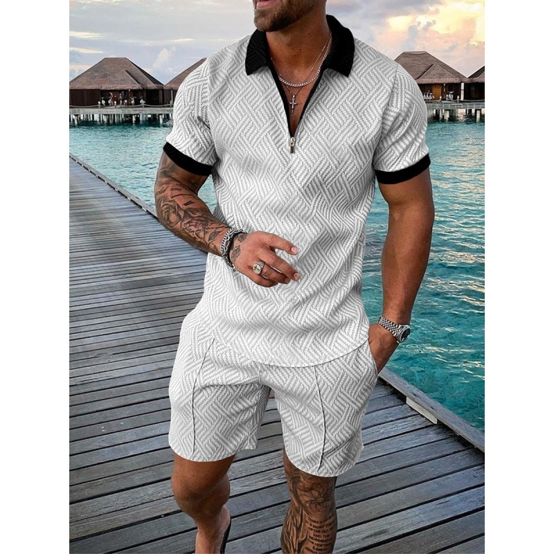 2022 cross-border European and American men's new independent station supply casual contrast color POLO zipper POLO shirt short sleeve suit