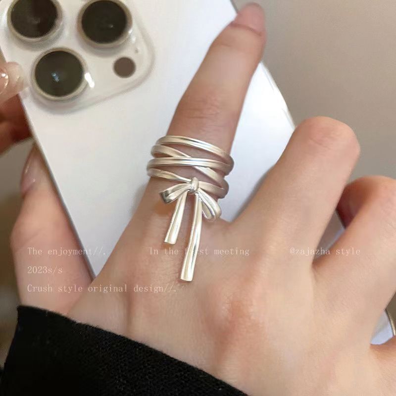 Cold Style French Style Bow Ribbon Opening Female Niche Design Advanced Adjustment Finger Ring Unique Internet Celebrity Temperament