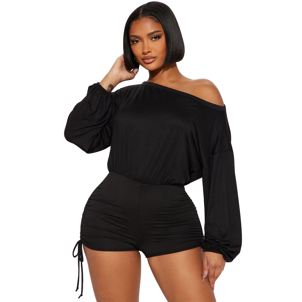 Women Wear Casual off Shoulder off Shoulder Long Sleeve Pleated Drawstring Fitted Waist Jumpsuit