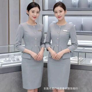 灰色职业西装套装女2026新款美业美甲师工作服珠宝店金店前台工装