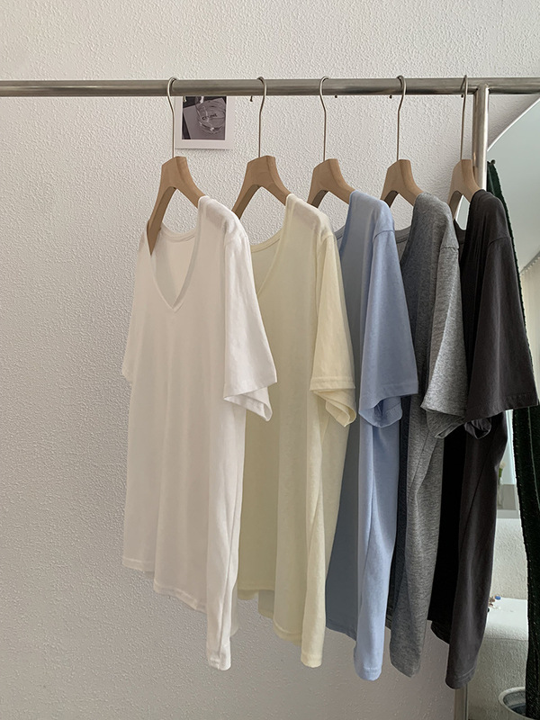 Omalai リラックススノーフレークテクスチャカールVネック半袖ルーズTシャツトップスルーズスリミング無地4103|undefined
