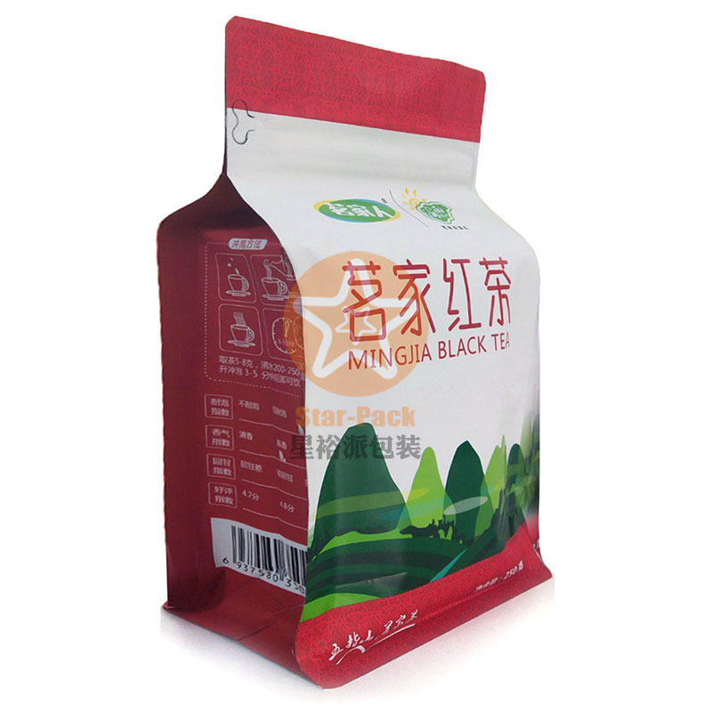潮款局部UV设计红茶镀铝防潮自立袋 彩印茗家人八边封红茶自封袋