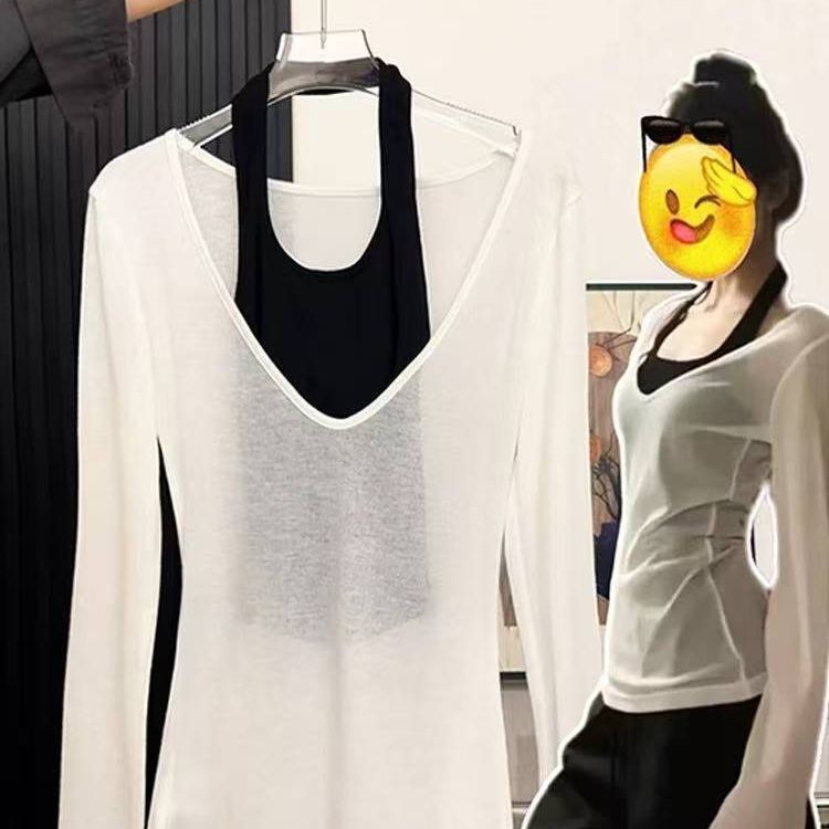 Korean V Neck Long-Sleeved T-Shirt Women's Summer Thin Mesh Sun Protection Blouse Slimming Look Vest Top Two-Piece Suit