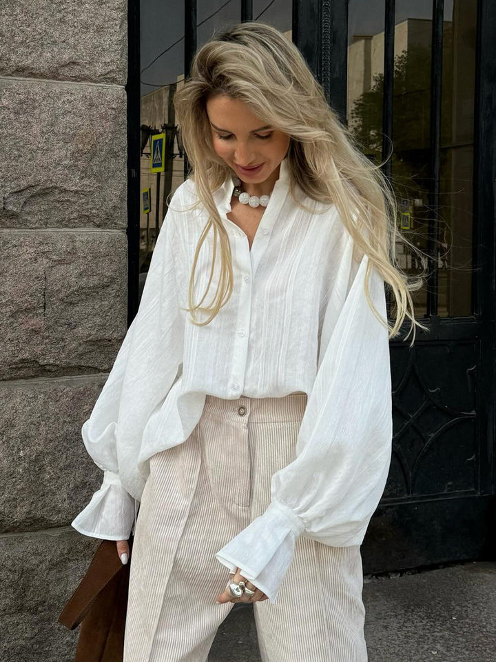Quần ống rộng nữ cotton nhung kẻ sọc dáng suông lưng giữa phong cách retro — kaki nhạt, mơ chi tiết 27
