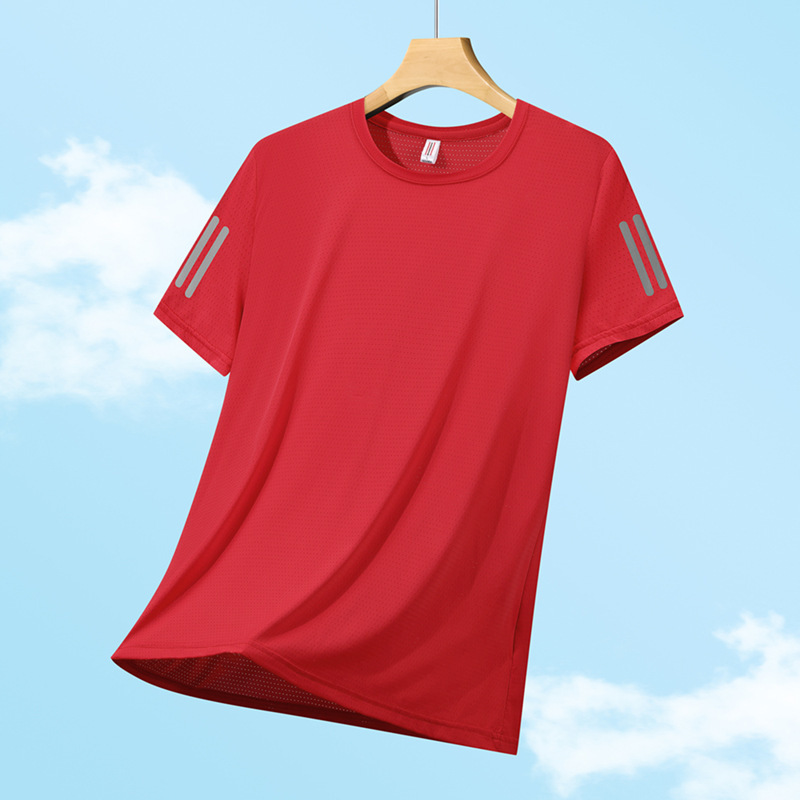 Summer Women's Short-Sleeved T-Shirt Three-Bar Plus Fat Plus Size Fat Z Ice Silk Smooth Material Half-Sleeved Men's Quick-Drying Round Neck Sports T-Shirt