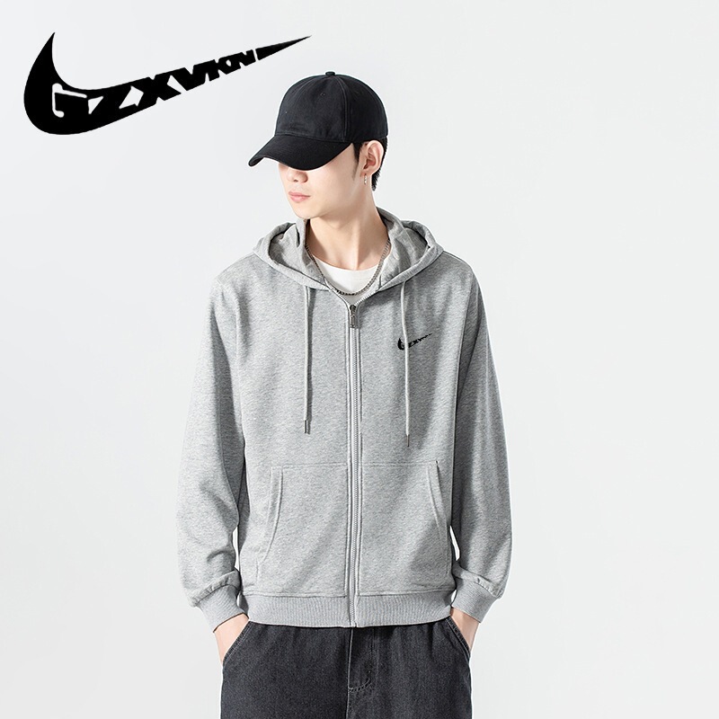Men's spring and autumn zip-up hoodie, loose-fitting sports top, fleece-lined jacket with pockets, solid color hoodie for young men Men's spring and autumn zip-up hoodie, loose-fitting sports top, fleece-lined jacket with pockets, solid color hoodie for young men