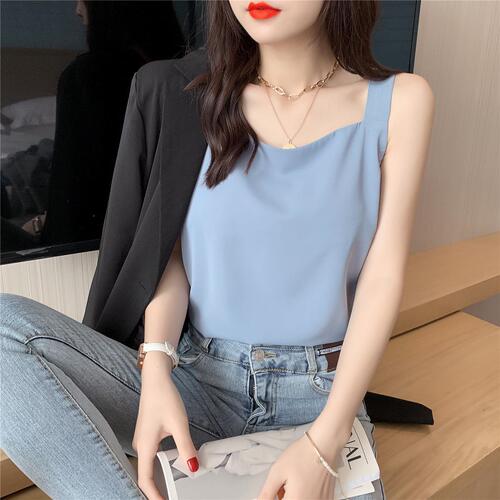Women's Square Collar Strappy Tank Top  Summer Chiffon Loose Black and White Innerwear Outerwear Sleeveless Base Shirt Top Wholesale