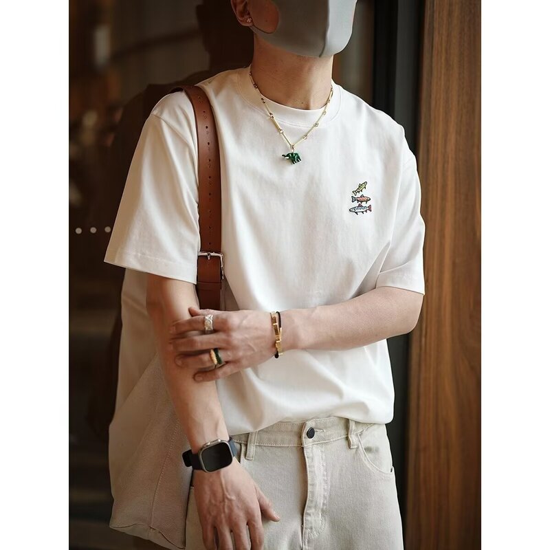 Hong Kong Style Basic Exquisite Three-Fish Embroidery Short-Sleeve T-Shirt for Men, Summer Trendy New Simple Versatile Base Shirt Hong Kong Style Basic Exquisite Three-Fish Embroidery Short-Sleeve T-Shirt for Men, Summer Trendy New Simple Versatile Base Shirt