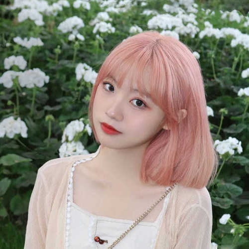 Internet celebrity wig with short hair for women, summer natural full headband, pink bangs, round face, age-reducing bob, simulated short style