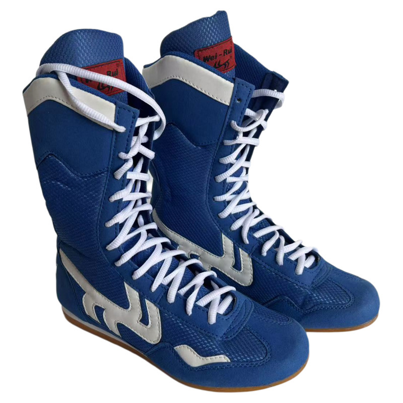 Boxing Shoes High Boots Fighting Wrestling Shoes Men and Women Fighting Competition Training Shoes Red Blue Cross Border