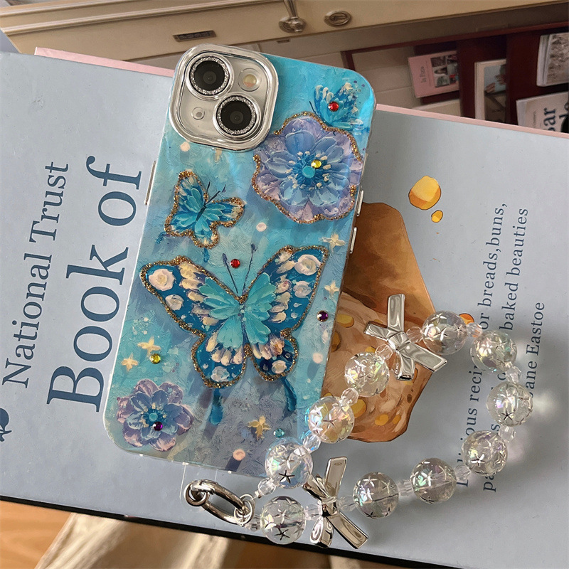 Verano Blu-ray flor mariposa para iPhone 15/16ProMax funda para teléfono móvil Apple 14/13 hembra 16 agujeros finos