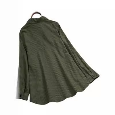 Ladies Pure Color Striped Button Cotton Linen Pouch Striped Long-Sleeve Long Dress Shirt Top