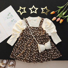 Children's floral print dress for girls, Korean version, new style, bubble sleeve, splicing halter, faux two-piece dress, comes with a small bag