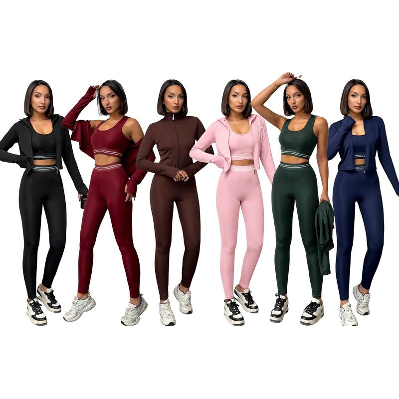 Q6380 Bare-feel slim-fit yoga outfit three-piece set, high-elasticity slimming running sports suit (with chest pads)