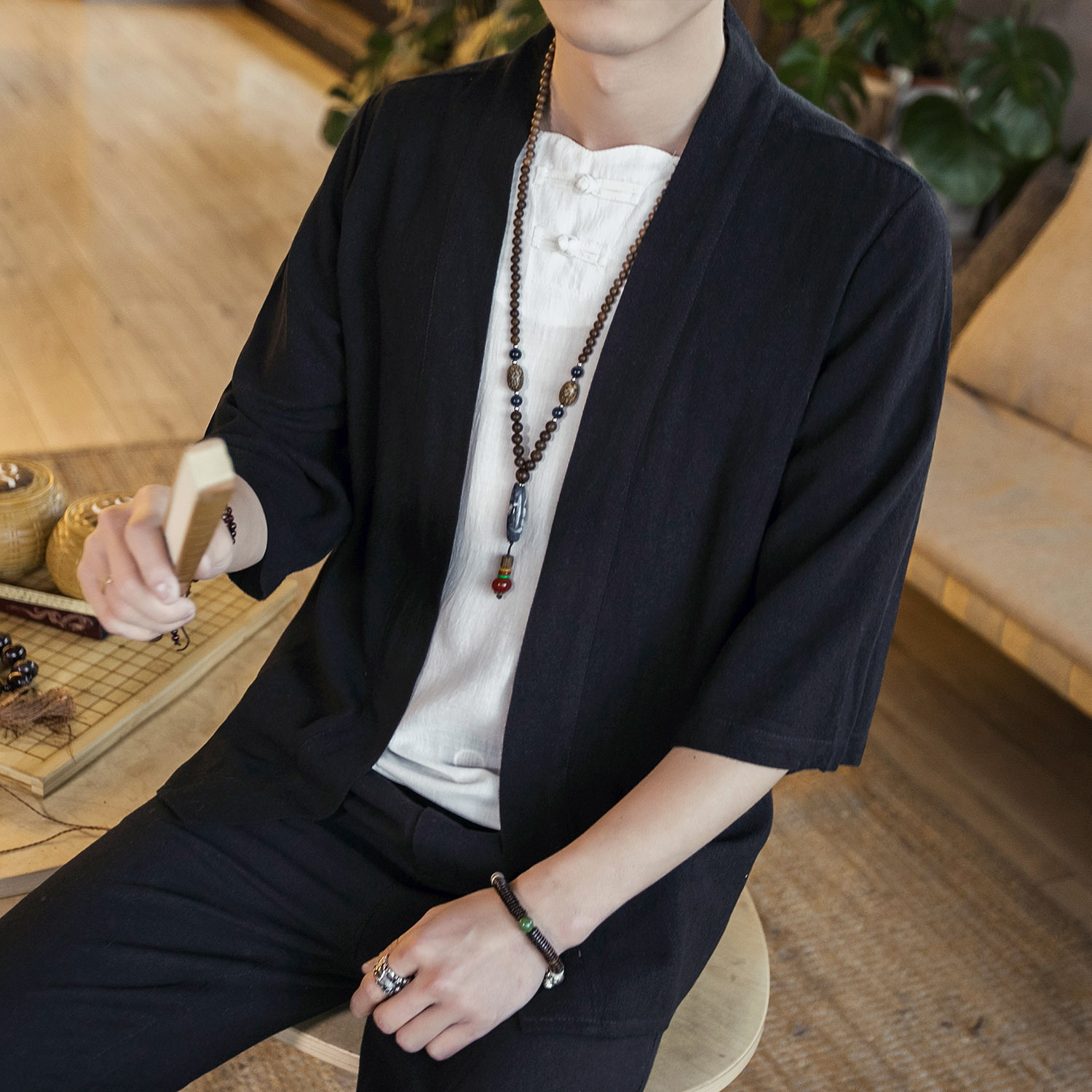 Cárdigan de gran tamaño suelto de primavera y otoño de estilo chino, camisa de lino para hombres y mujeres de estilo antiguo Hanfu, camisa de algodón y lino de color sólido laico