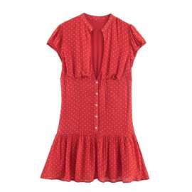 ZR女装  欧美风2026春季新品法式V领收腰气质短袖波点中长连衣裙