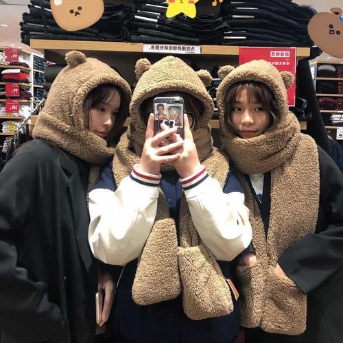 Bear Hat Scarf One-piece Plush Hat Cute Winter Knitted Hat Women's Plus Velvet Thickened Warm Wool Hat Wholesale