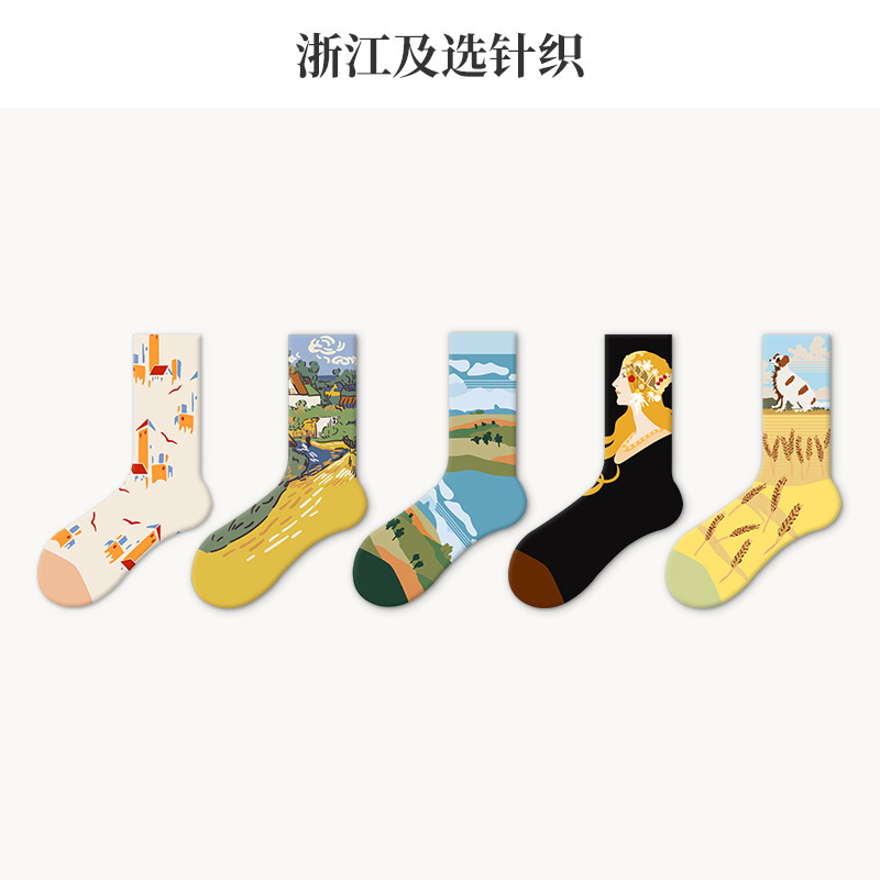 Original oil painting socks women retro tube socks 2025 autumn new ins tide couple boneless cotton socks wholesale