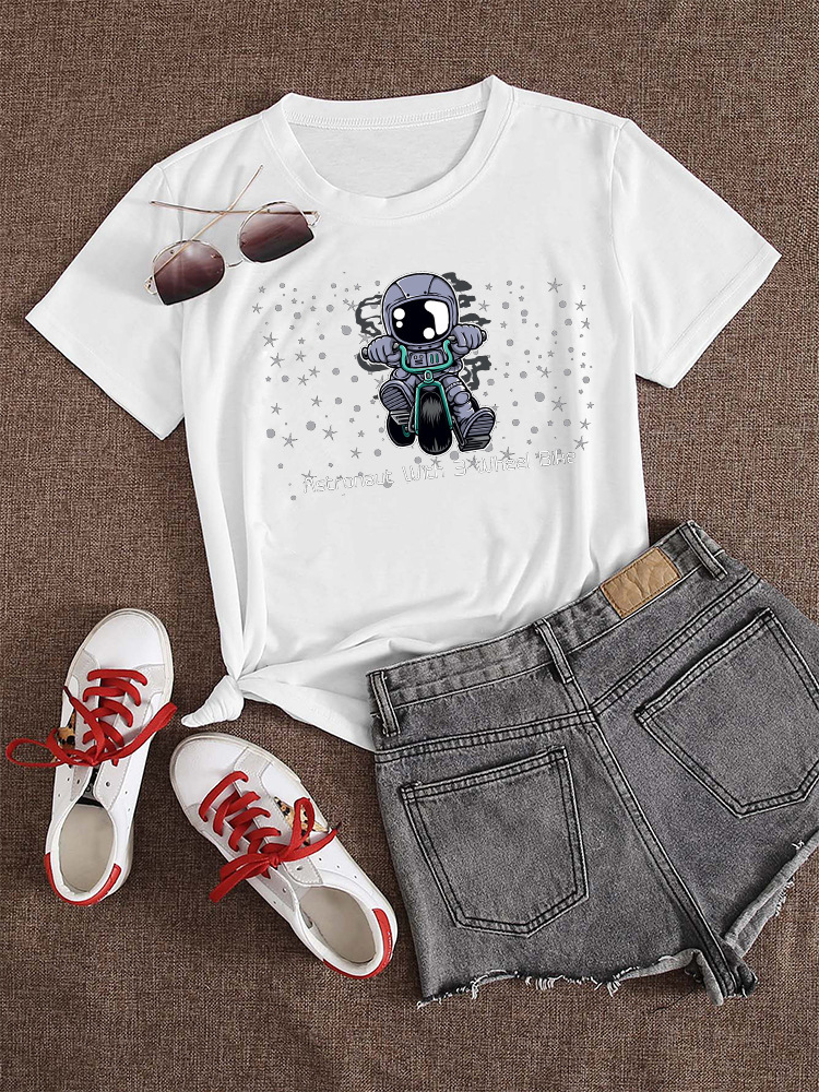 cartoon astronaut No. 6 printed short-sleeved t-shirt NSATE60895