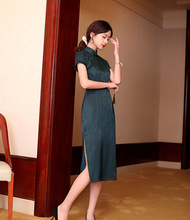 古风斜襟复古中长双层立领红绿双色修身改良中国风新款短袖旗袍