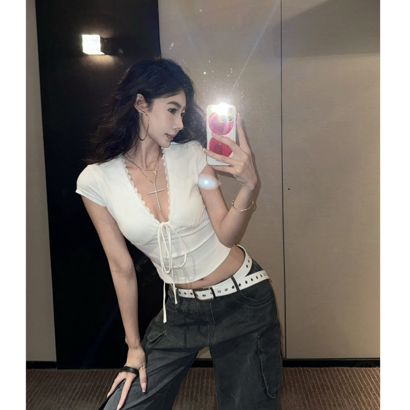 French White Lace Sexy Deep V Neck Lace-Up Short-Sleeved T-Shirt for Women Summer New Elegant Short Crop Top