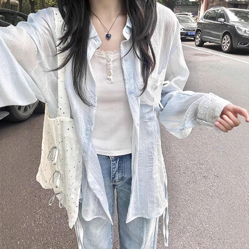 Lace Splicing Long-Sleeved Shirt Jacket Women's Summer Korean New Design Air-Conditioned Sun Protection Shirt Shirt Top Thin Lace Splicing Long-Sleeved Shirt Jacket Women's Summer Korean New Design Air-Conditioned Sun Protection Shirt Shirt Top Thin