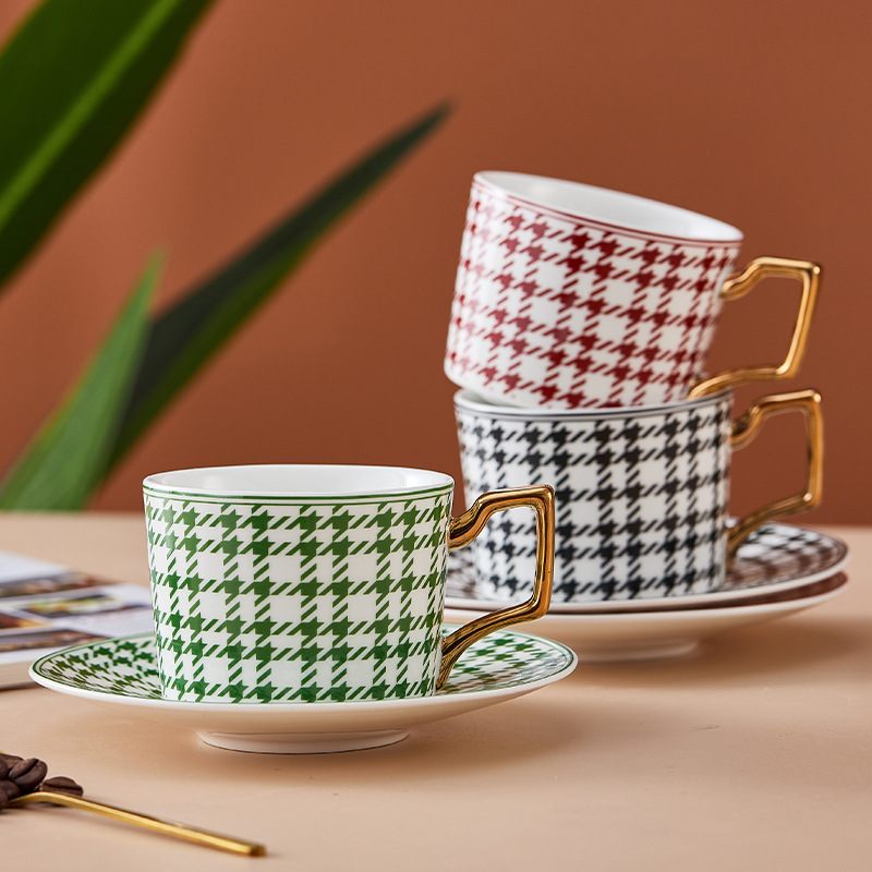 歐式輕奢千鳥格咖啡杯家用骨瓷杯碟套裝下午茶杯碟水杯花茶馬克杯