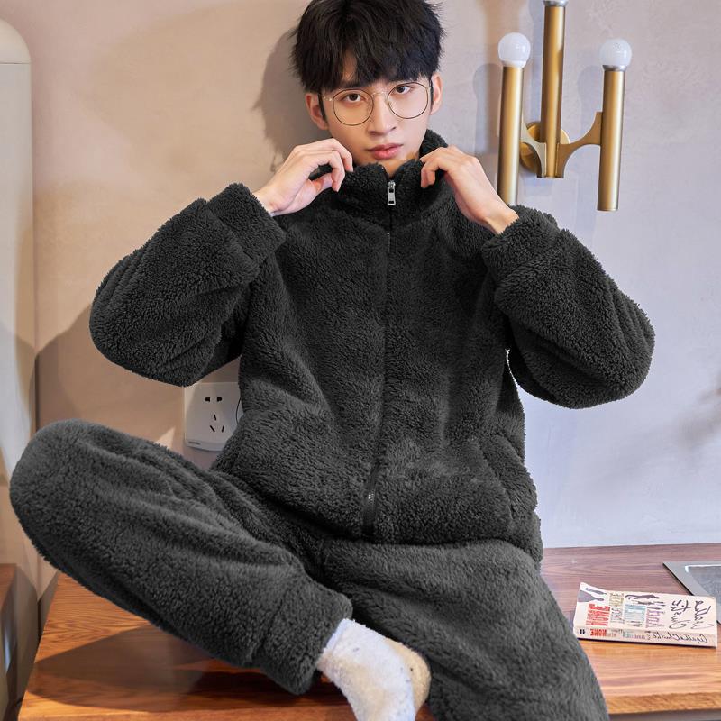 (남성용 겨울 잠옷, 플러시, 따뜻하고, 두껍고, 편안하고, 부드럽고, 가디건, 지퍼가 달린 가정복 정장은 외부에서 착용 가능