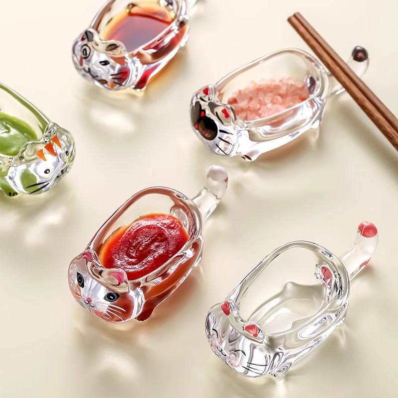 猫咪水晶玻璃调味蘸料碟创意番茄酱油醋碟家用小吃碟子筷子托筷架