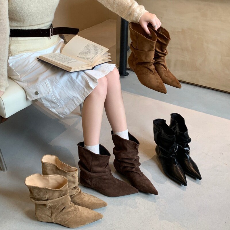New European and American style cow suede wrinkled boots ~ pointed toe, cuffed, pleated high-heeled fashion ankle boots for women New European and American style cow suede wrinkled boots ~ pointed toe, cuffed, pleated high-heeled fashion ankle boots for women