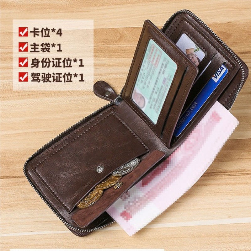 Cartera de cuero corta multifuncional con cremallera de cuero de vaca de gran capacidad anti-robo cartera de tarjeta deslizante para hombres