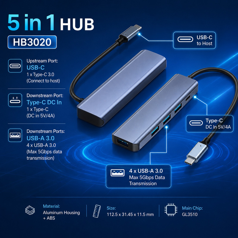 Cross-border aluminum alloy USB C hub, featuring a GL3510 chip, 5G power supply, and 4-port USB 3.0 splitter Cross-border aluminum alloy USB C hub, featuring a GL3510 chip, 5G power supply, and 4-port USB 3.0 splitter