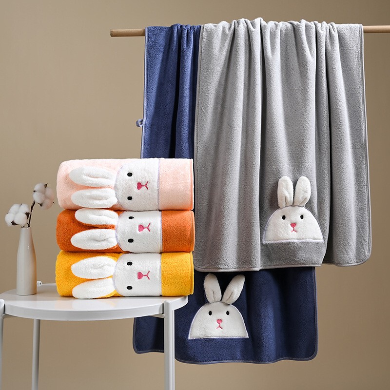 Solid Color 3D Rabbit Embroidery Coral Fleece Bath Towel, Large Home-Use Wrap Towel for Mother and Baby, Wholesale Supply for E-Commerce Solid Color 3D Rabbit Embroidery Coral Fleece Bath Towel, Large Home-Use Wrap Towel for Mother and Baby, Wholesale Supply for E-Commerce