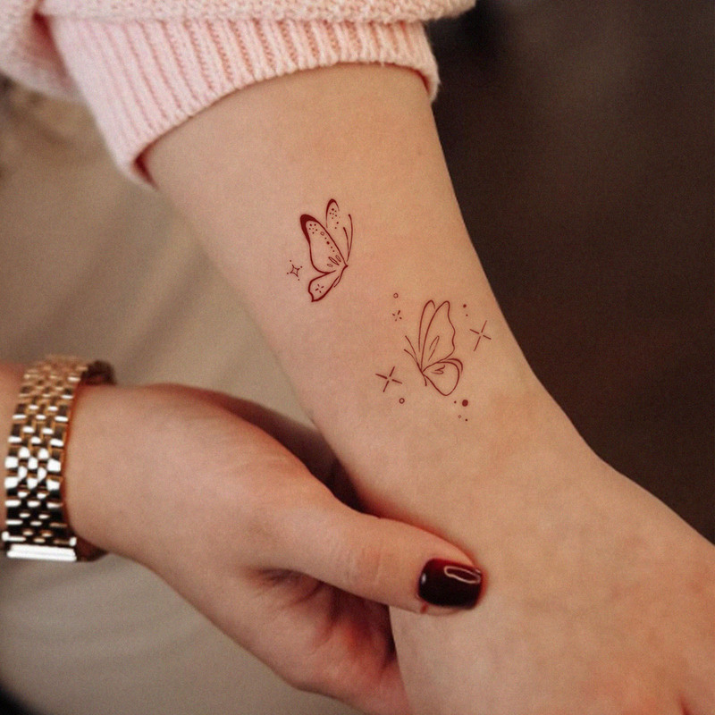 Gentle Style Burgundy Butterfly Tattoo Sticker, Minimalist Line Star Design, High-End Waterproof Tattoo Sticker