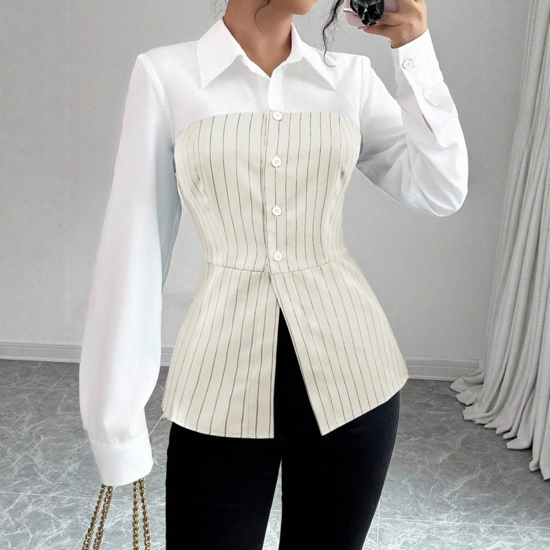 Foreign Trade Cross-Border Women's Casual Shirts Striped Long-Sleeved Shirts Women's Spring and Autumn New High-End Slim Shirts