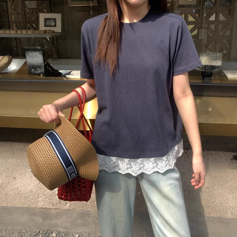 SEAWHEN Havion Lace Stitching Short-sleeved T-shirt Women's 2025 Summer New Loose Slimming Top Design Sense