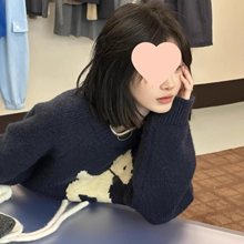 藏青色可爱卡通毛衣女春春夏宽松慵懒风软糯温柔休闲百搭针织衫潮