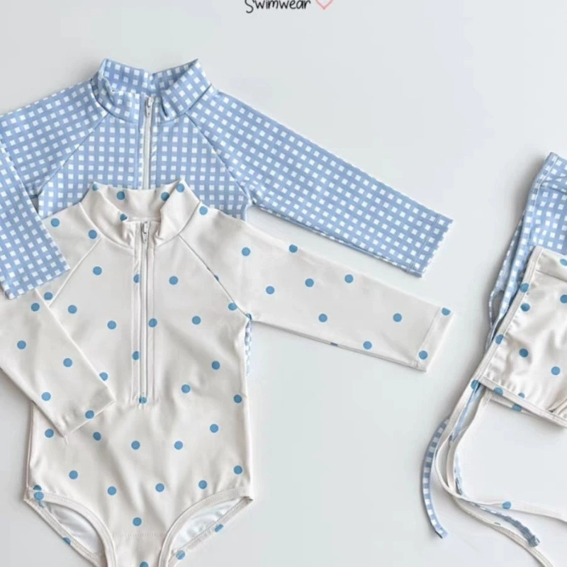 Новая летняя корейская детская одежда в стиле принцессы, 24 лета, новый милый цельный купальник в клетку в горошек для девочек с длинными рукавами