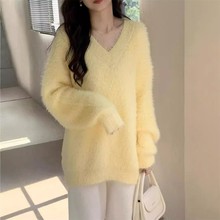 韩国跨境秋冬季新款温柔风软糯毛衣女v领仿水貂绒套头针织衫上衣