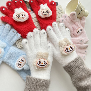 2024 New Maomao Gloves Rab Cloth Women's Winter Warm Parent-child Knitted Student Girl's Finger Gloves