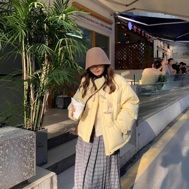 Cream Yellow Horn-Button down Jacket for Women, Short Style, Lightweight, Petite Design, White Duck Down, Stand-Up Collar, Puffer Coat Cream Yellow Horn-Button down Jacket for Women, Short Style, Lightweight, Petite Design, White Duck Down, Stand-Up Collar, Puffer Coat