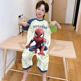 Cotton Kidsren's One-Piece Pajamas, Boys' Cotton Home Clothes, Boys' Medium and Large Kidsren's Short-Sleeved Cotton Nightgowns, Belly Protection and Anti-Kick Quilts