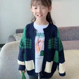 女童春秋开衫格子毛衣女孩百搭毛线衣春款儿童休闲外套女童开衫潮