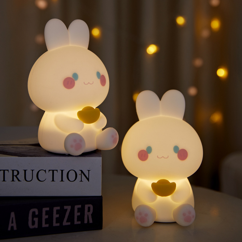 Silicone Night Light Cartoon Rabbit with Timer for Sleep, Rabbit Year Gift, Tap-Sensing Rabbit Lamp