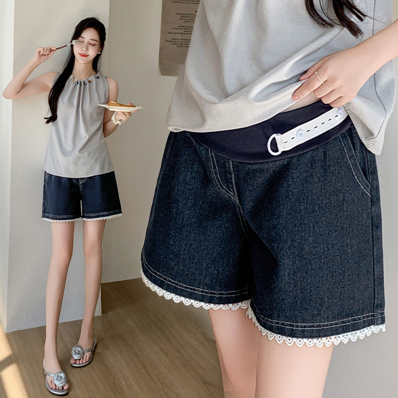 Maternity Sweet and Spicy Lace Denim Shorts for Women, Summer Loose Slimming Wide-Leg A-Line Plus Size Versatile Wide-Leg Hot Pants