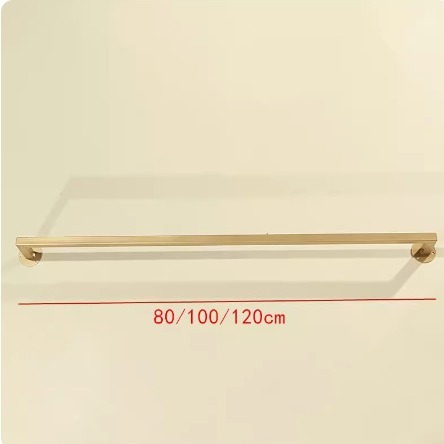 Display racks for women's clothing stores, wall-mounted hangers in black and gold, horizontal bars on the wall with clothes hanging on the rods